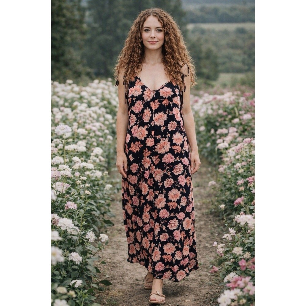 Old Navy Floral Spaghetti Strap Tassel Ties Flowy Pink Navy Cotton Dress Size M